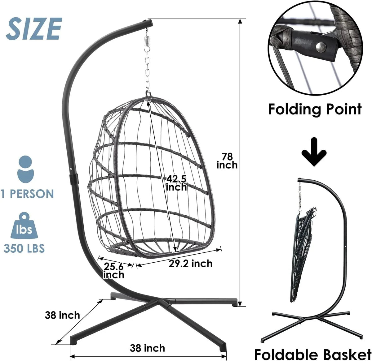 Yechen Indoor Outdoor Egg Hanging Chair with Stand, Patio Wicker Swing Egg Chair Indoor Swinging Chair Outdoor Hammock Egg Chair 350lbs Capacity for Patio Bedroom Balcony, Charcoal Grey (EG-001)