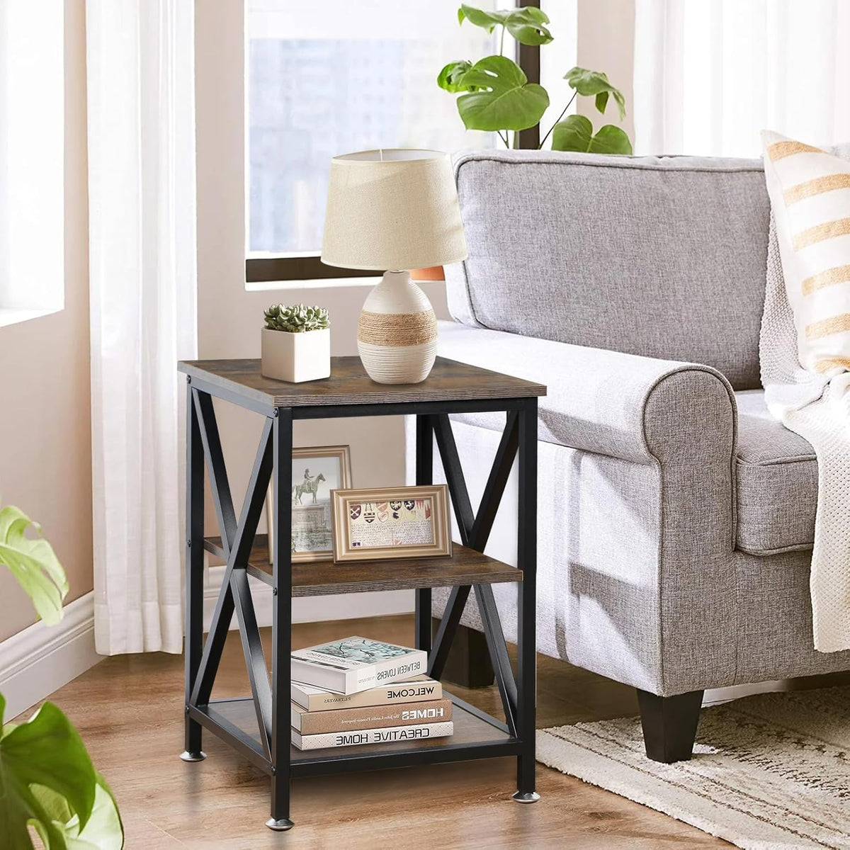 End Tables Living Room Set of 2, 16" D x 16" W x 24" H, Indoor End Tables Living Room with Storage Shelf, Square End Table Set of 2, X-Shaped Night Stands for Bedroom, Farmhouse Wood Side Tables