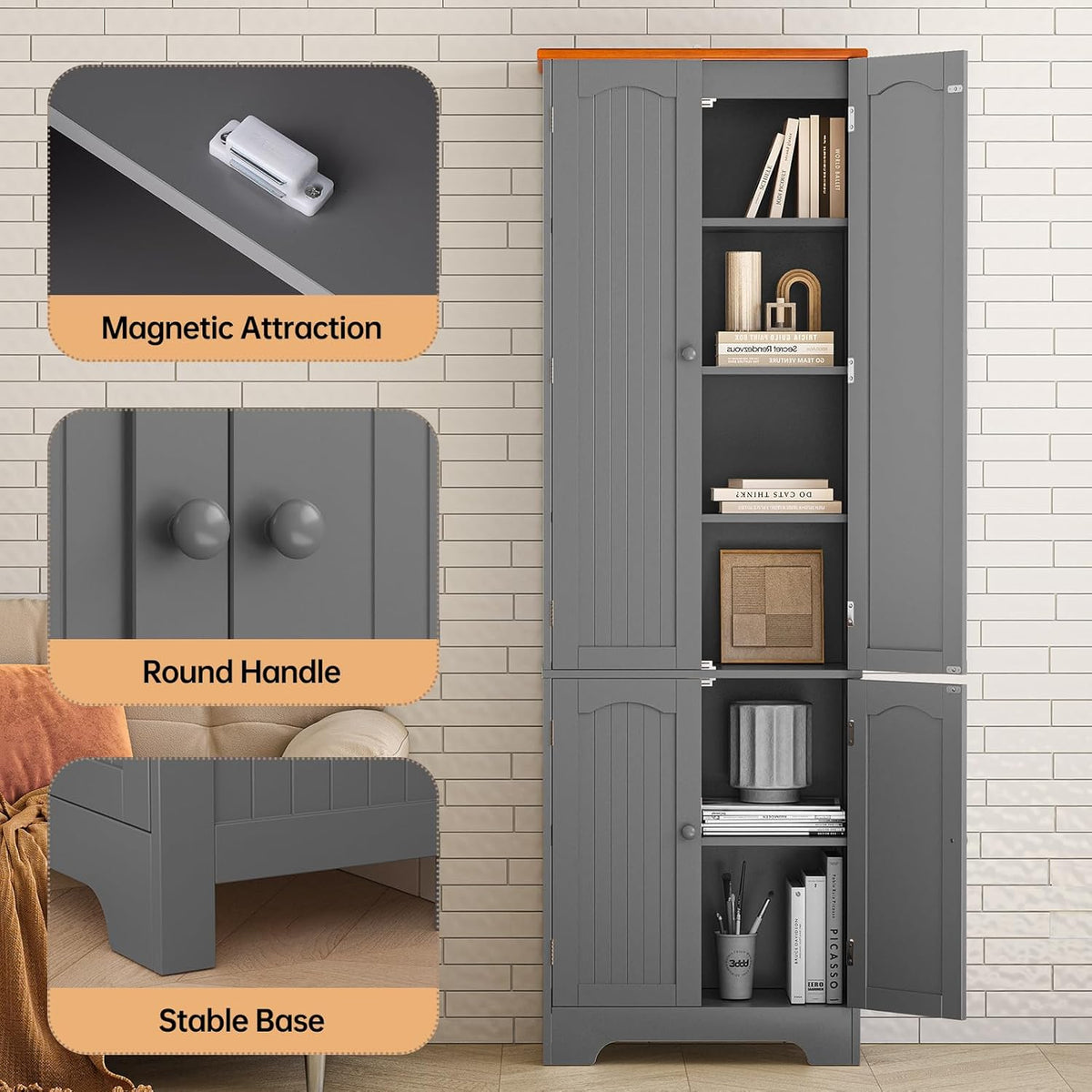 4 Door Pantry -72.2'' Kitchen Cabinet with Adjustable Shelves, Freestanding Cupboard, Tall Storage Cabinets for Dining Room, Living Room, Laundry, Bathroom, Entryway, Grey