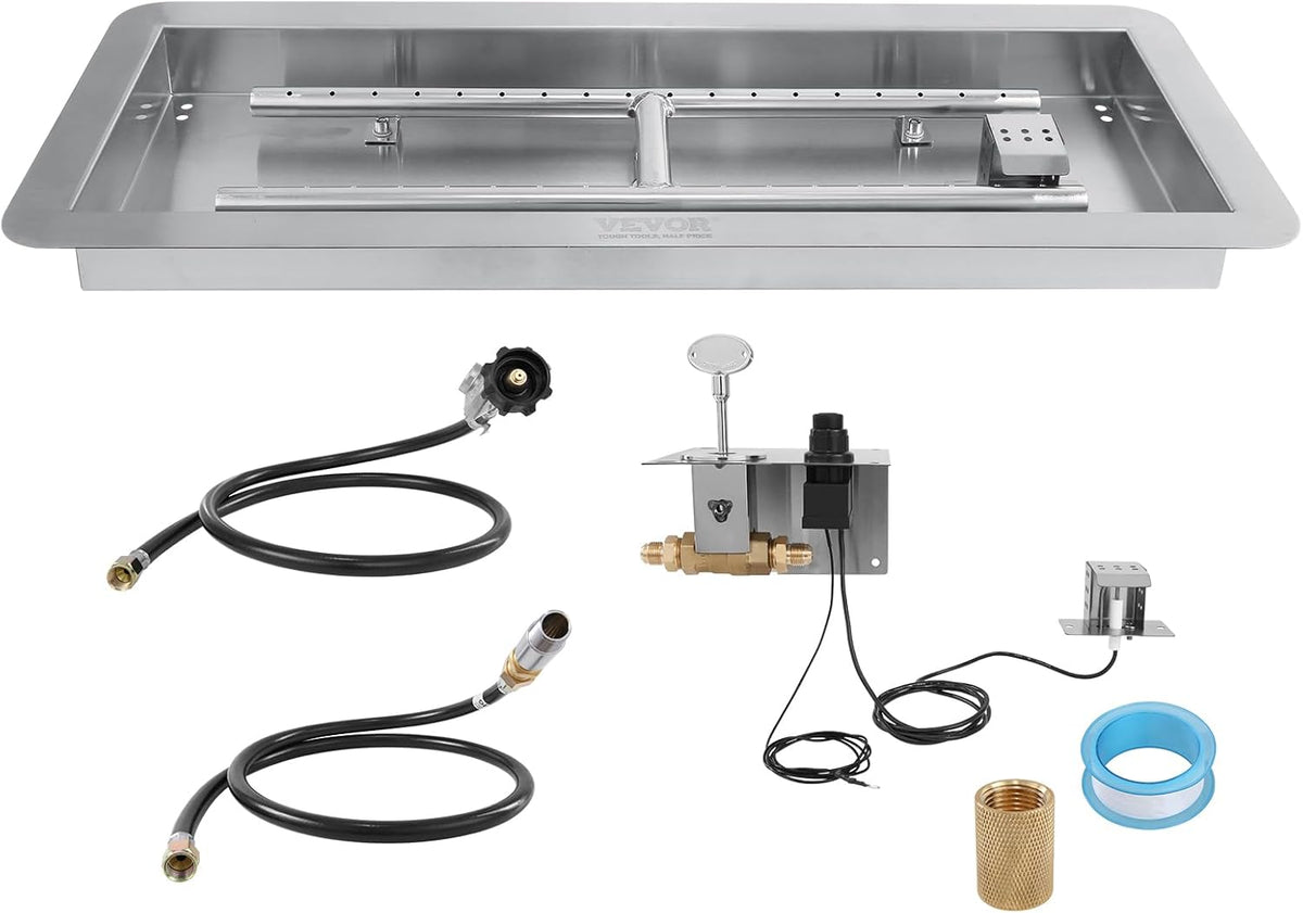 VEVOR 36 x 12 inch Drop-in Fire Pit Pan, Rectangular Stainless Steel Fire Pit Burner Kit, Propane Fire Pan 150,000 BTU with H-Burner for Indoor or Outdoor Use