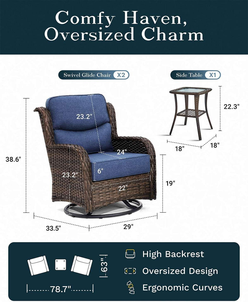 Outdoor Swivel Rocker Patio Chairs with 6-Inch Thick Cushions and Side Table, 3PCS High Back Wicker Patio Furniture Set for Porch, Balcony, Deck and Yard in Blue