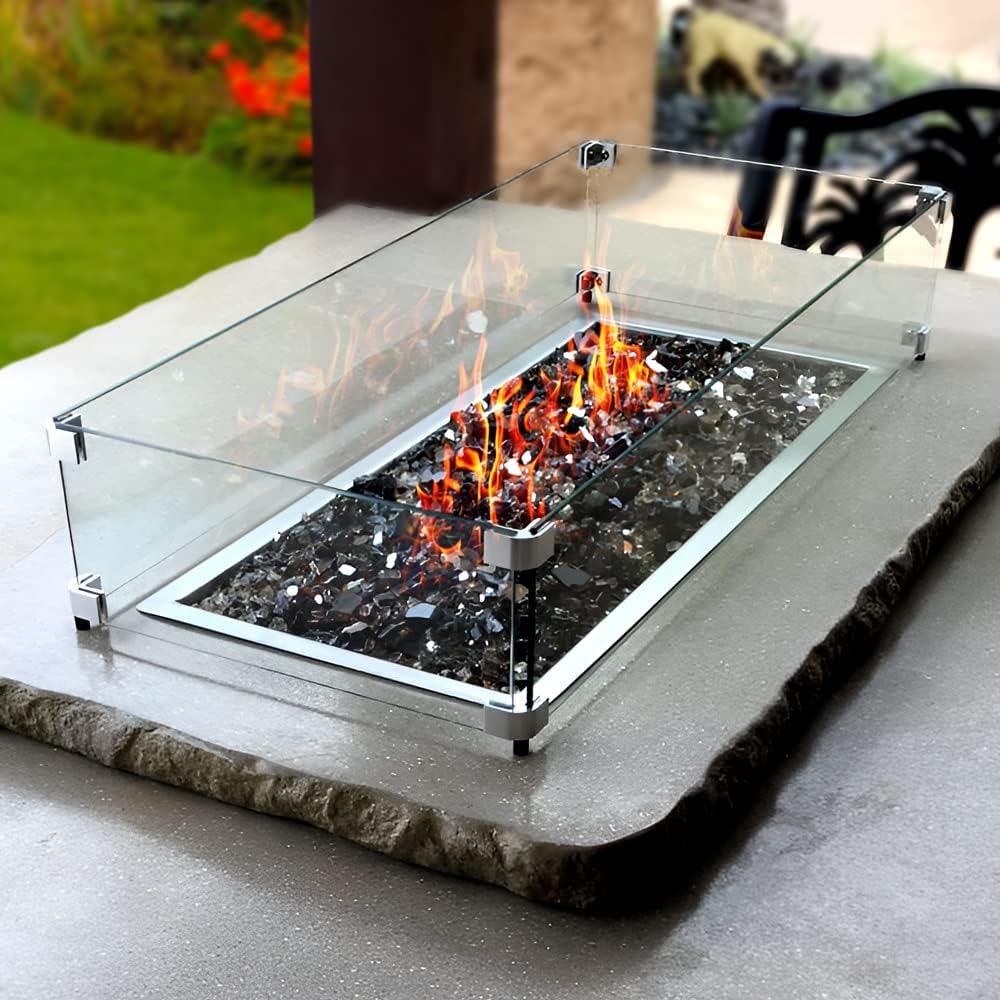 Holy Fire 35.5" L x 15.5" x 6" Rectangle Fire Pit Glass Wind Guard Clear Tempered Glass Flame Protective Pane Wind Resistant - Fits 30”x10 Fire Pit Burner Pan