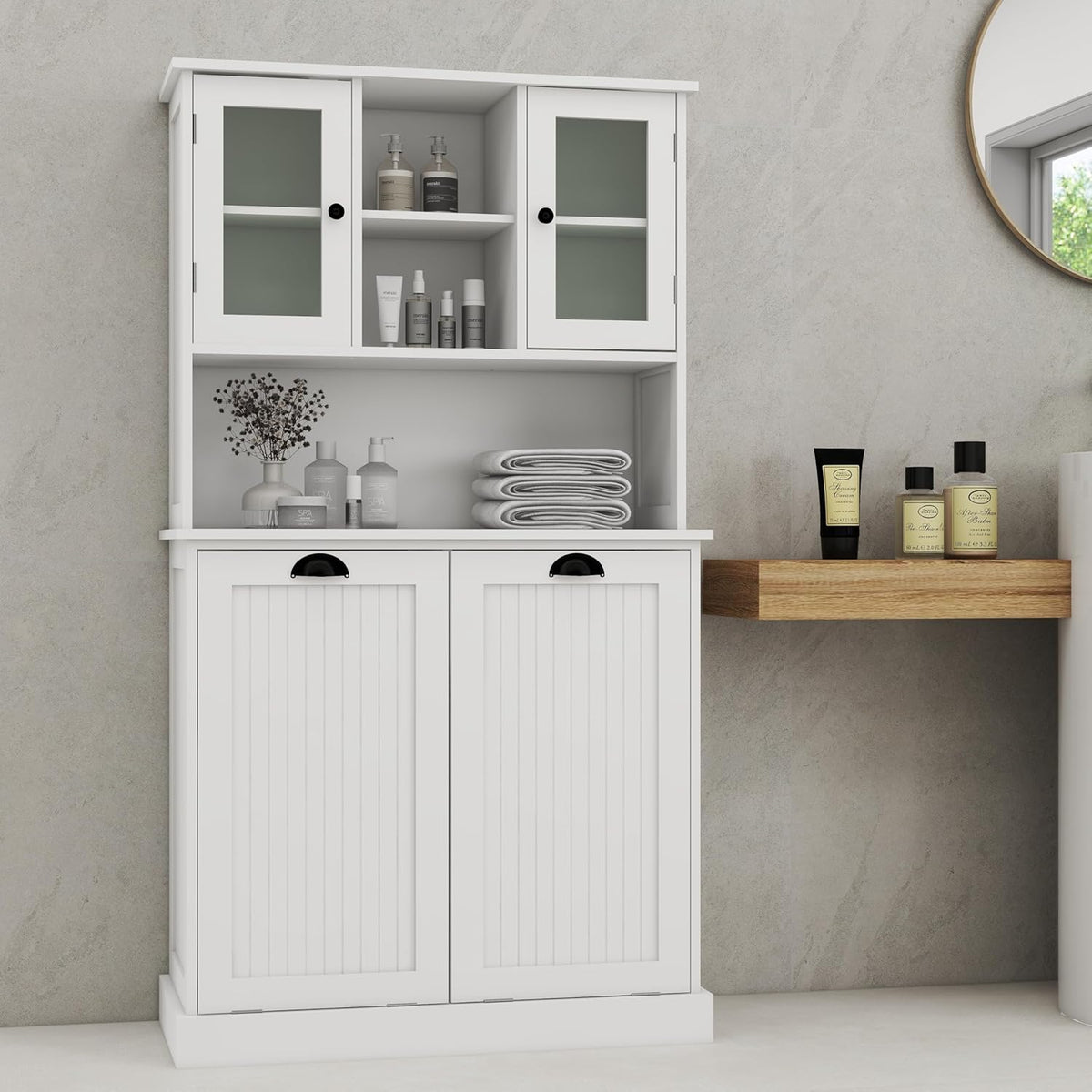 Tilt-Out Laundry Hamper Cabinet with Glass Doors – 60” Tall Bathroom Storage Organizer, 2 Pull-Out Baskets, Adjustable Shelves, Fits Bathroom & Balcony (White)