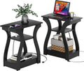FROMJBEST Black End Table Set of 2 with Charging Station, Side Table with USB Ports and Outlets, Black Nightstand, 3 Tier End Table with Storage Shelf for Living Room, Bedroom