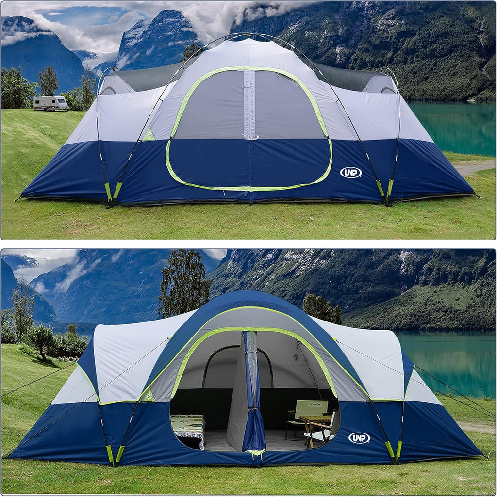 UNP Camping Tent 10-Person-Family Tents, Parties, Music Festival Tent, Big, Easy Up, 5 Large Mesh Windows, Double Layer, 2 Room, Waterproof, Weather Resistant, 18ft x 9ft x78in