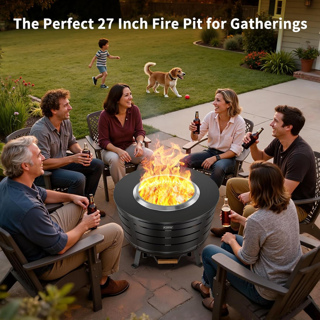 26.5 Inch Smokeless Fire Pit, Outdoor Portable Fire Pit with Stand, Removable Ash Pan & Heat Shield, Large Wood Burning Firepit Bonfire for Outside, Backyard, Patio,Camping