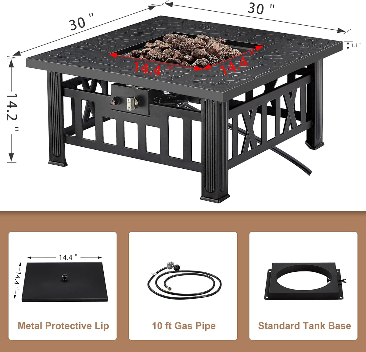 VECELO Propane Fire Pit, 30 Inch Outdoor Gas Fire Table, 50,000 BTU Square Firepit with Lid and Lava Rock, Adjustable Flame Steel Fire Table for Outdoor, Patio, Backyard, Party, Black