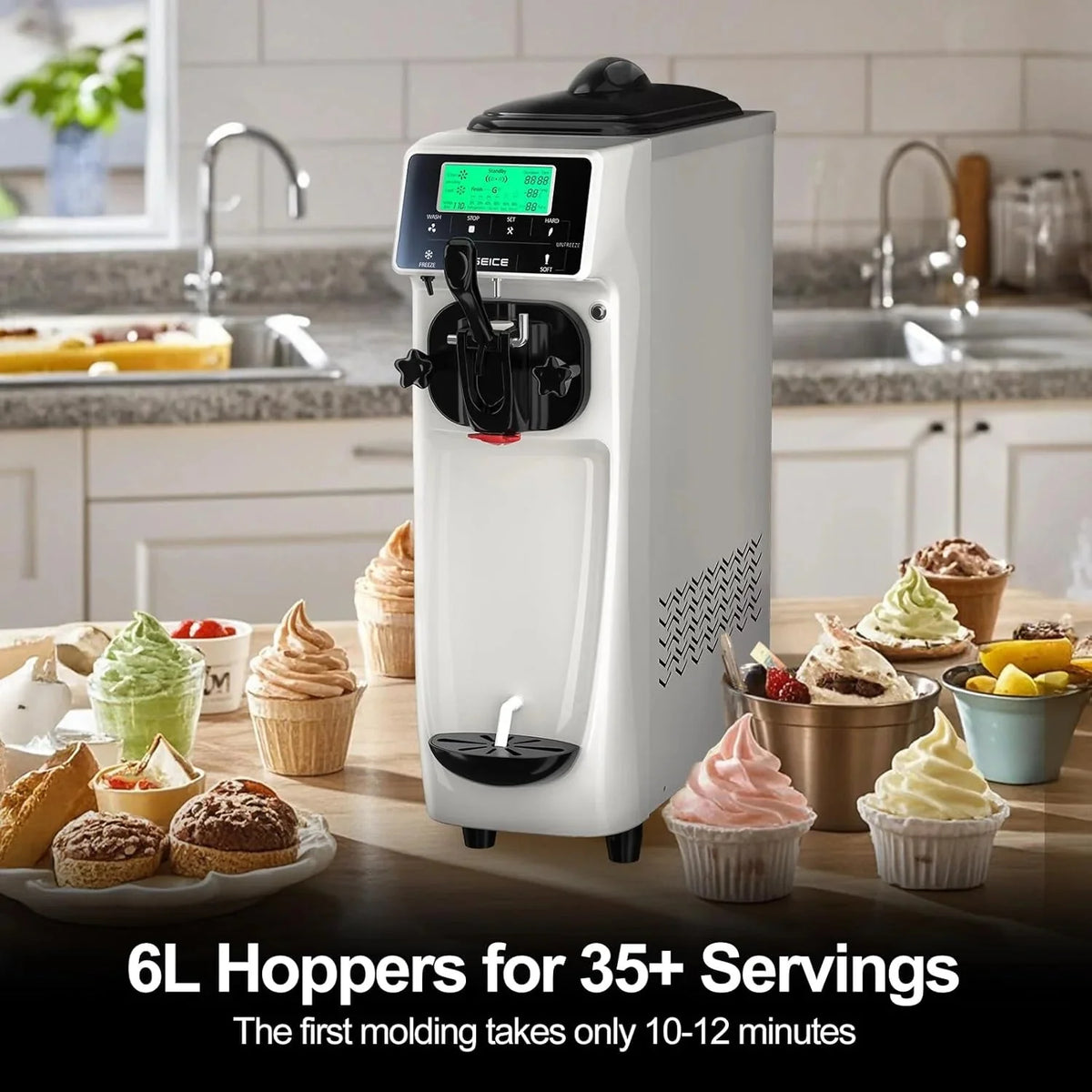 Soft Serve Ice Cream Machine 3.2 Gals Ice Cream Maker Machine Single Flavor Commercial Ice Cream Machine Countertop Soft Serve Ice Cream Maker with Pre-Cooling for Home Store School