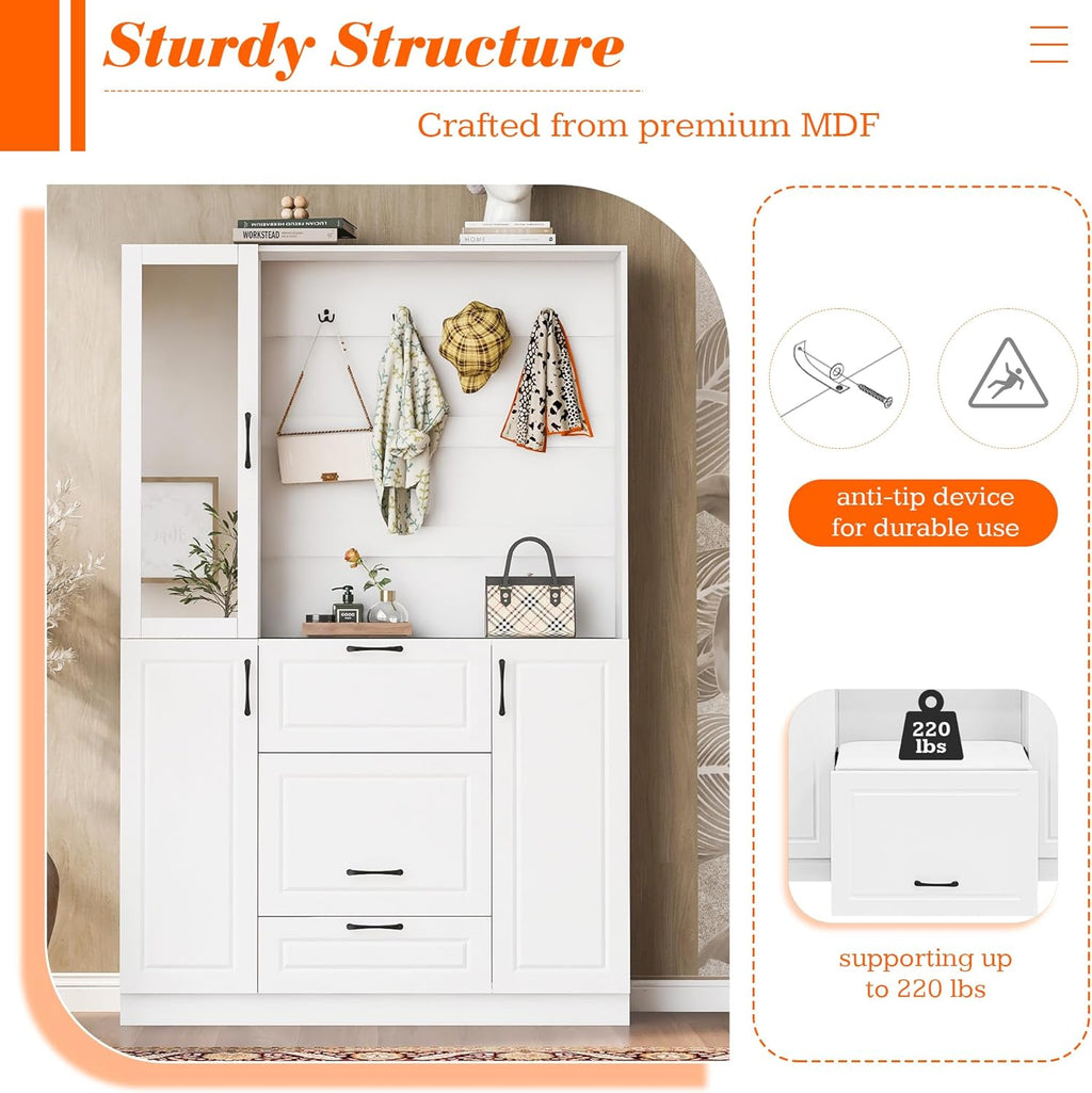 51.1''Hall Tree, Entryway Bench with Integrated Shoe Cabinet,3-in-1 Design, Mirrored Cabinet Door and Foldable Seat for Entrance, Living Room