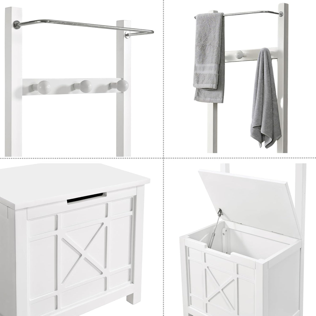 Derby Laundry Hamper with Towel Rack - Stool for Entryway, Laundry Room, or Bathroom Storage (White)