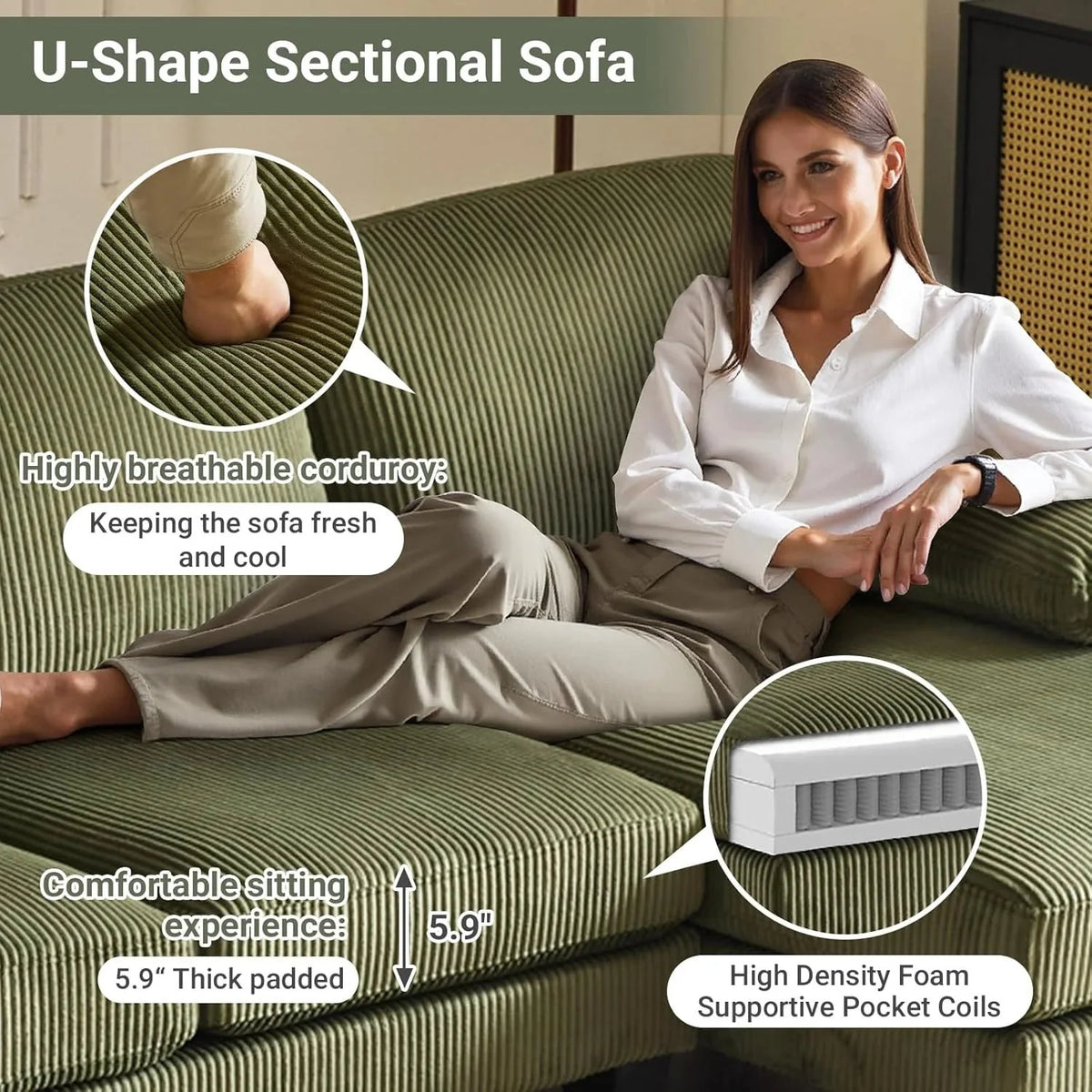 VINGLI 110" Sectional Couches for Living Room,U Shaped Couch with Double Chaise, 4-Seat Sofa Set with Chenille Fabric for Home Furniture,Beige