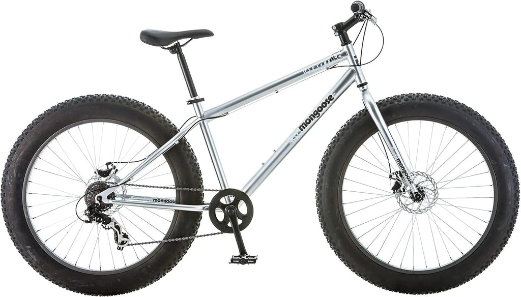 Mongoose Malus Mens and Women Fat Tire Mountain Bike, 26-Inch Bicycle Wheels, 4-Inch Wide Knobby Tires, Steel Frame, 7 Speed Drivetrain, Shimano Rear Derailleur, Disc Brakes