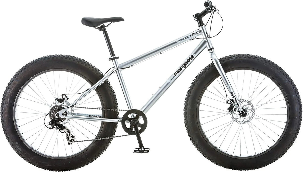 Mongoose Malus Mens and Women Fat Tire Mountain Bike, 26-Inch Bicycle Wheels, 4-Inch Wide Knobby Tires, Steel Frame, 7 Speed Drivetrain, Shimano Rear Derailleur, Disc Brakes