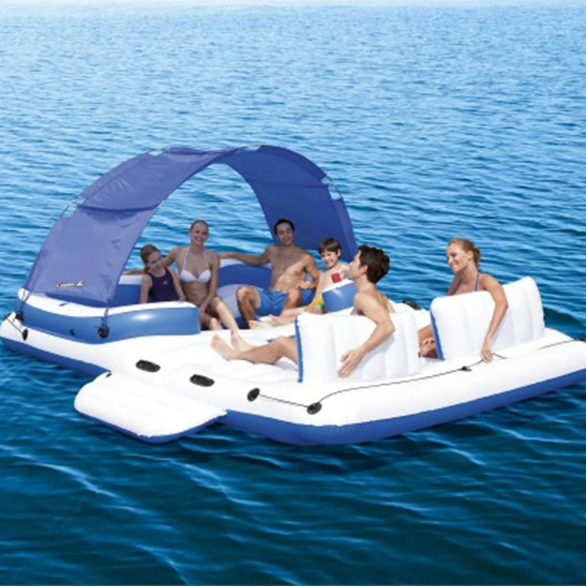 Tropical Breeze 6 Person Inflatable Party Island Large Relaxing Water Float with Detachable Sunshade and Cooler Bag