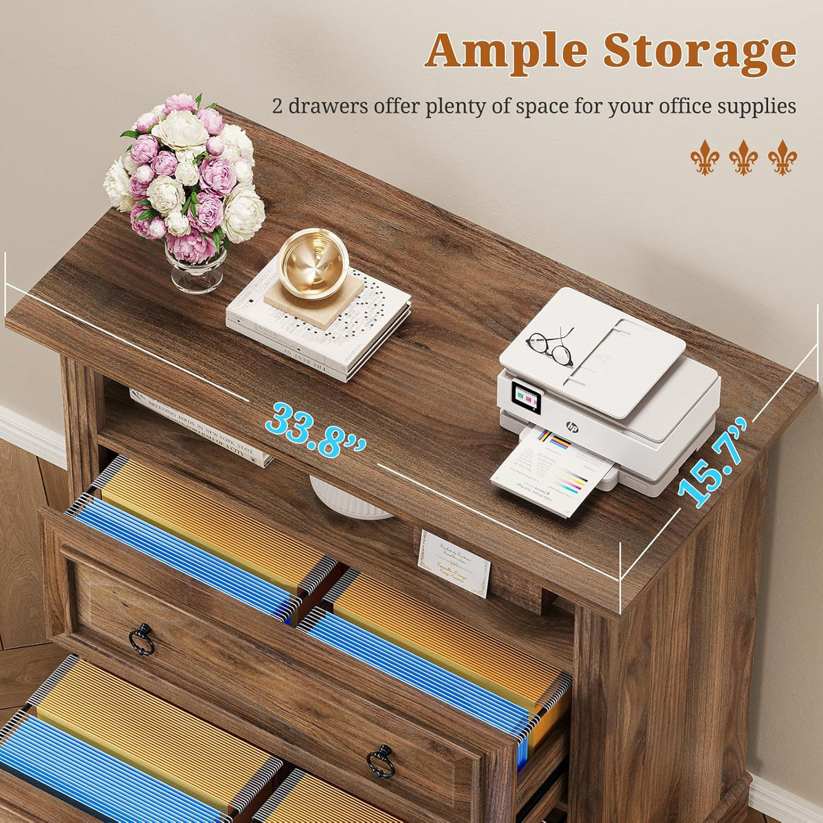 Itaar 2 Drawer File Cabinet, Farmhouse Filing Cabinet for Home Office Fits Letter, Legal, A4 Size, Wood Lateral File Cabinet with Printer Stand, Storage Shelf, Brown