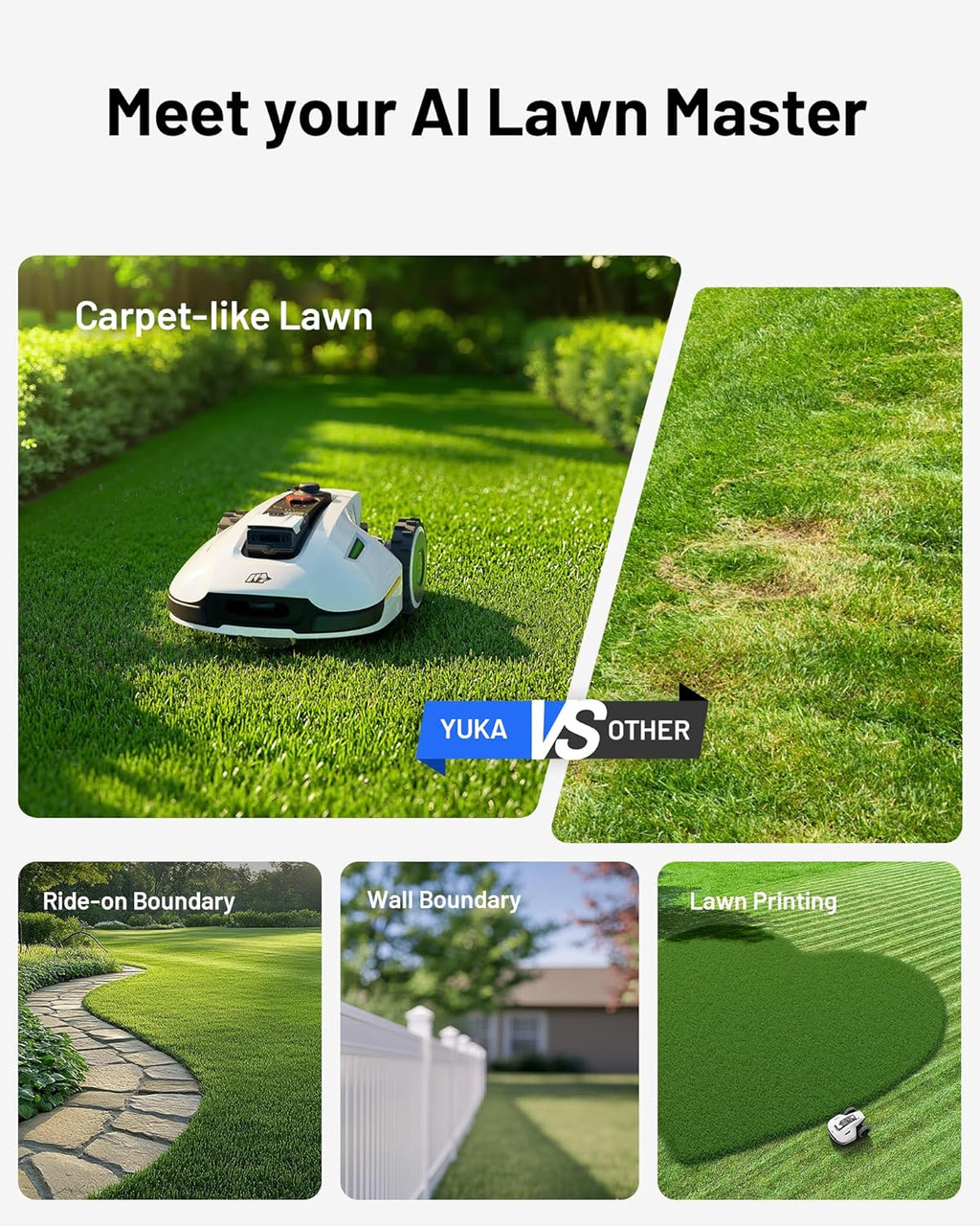 YUKA Mini 500H Robot Lawn Mower Reception 0.12 Acre, Max. 0.17 Acre, Ultrasense AI Vision+ RTK Positioning, Auto Mapping, App Control,45% Slope, Cutting Height 2''~3.5'', 3 Mowing Zones