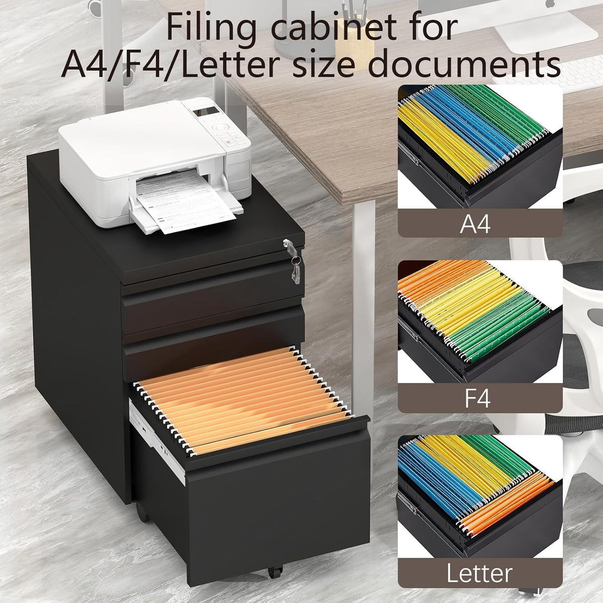 3 Drawer File Cabinet on Wheels,25.6" H Black Filing Cabinet with Lock,Under Desk Metal File Cabinet for Home Office Organizer Letters/Legal/A4(Fully Assembled)