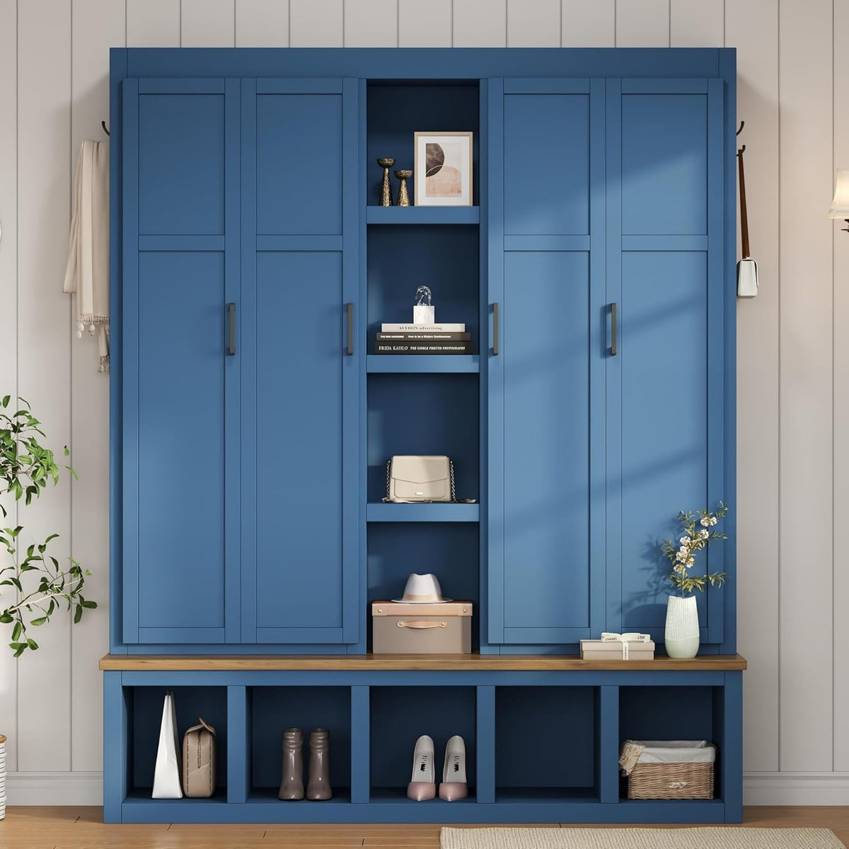 Bellemave Farmhouse 4-in-1 Hall Tree with 6 Hooks & Shoe Storage - 62.9" Wide Entryway Cabinet with Seating Bench and Open Compartments for Mudroom, Hallway, Blue
