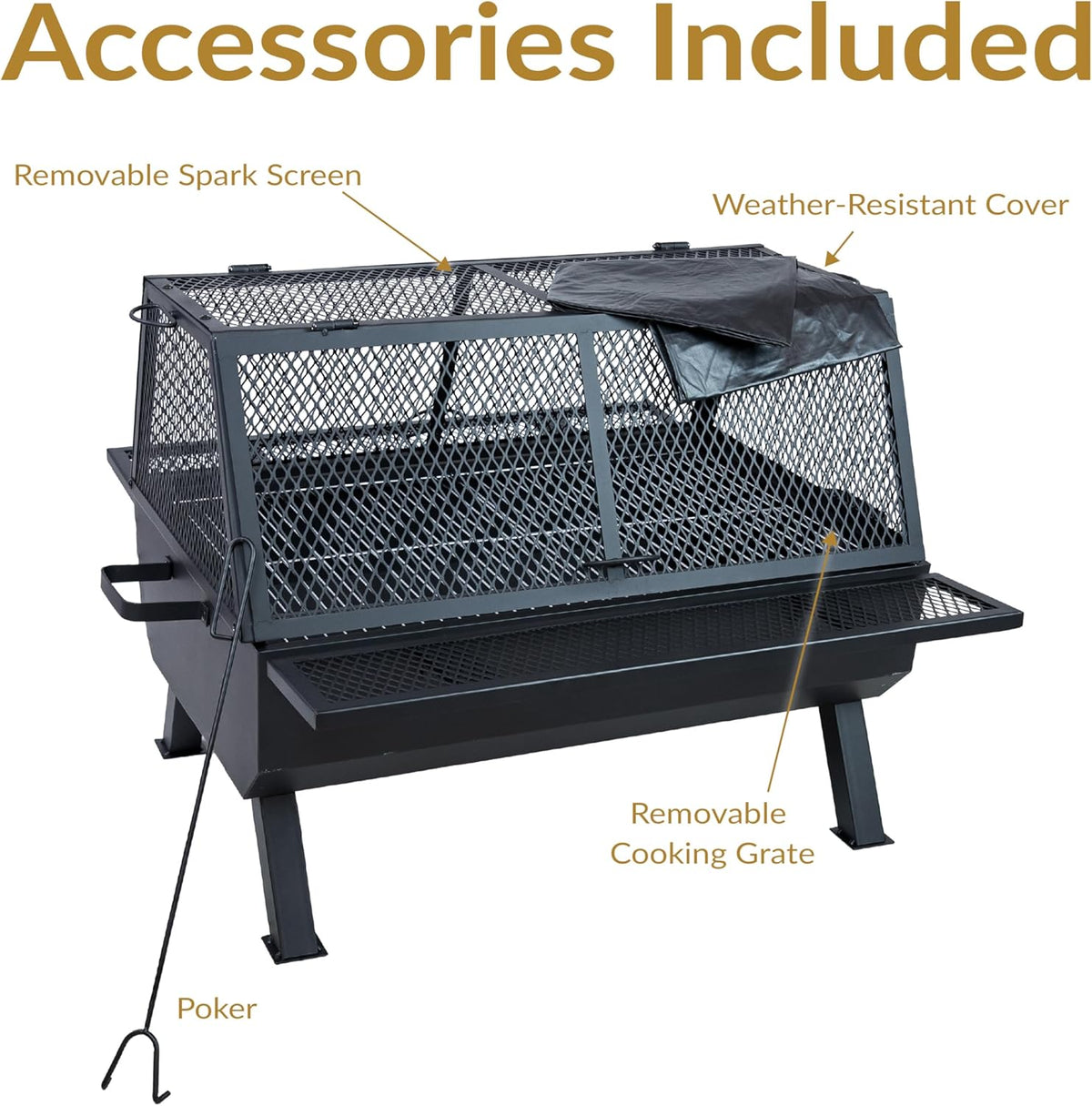 Sunnydaze 36-Inch Steel Outdoor Fire Pit with Grill and Spark Screen - PVC Protective Cover - Heat-Resistant Finish - Black