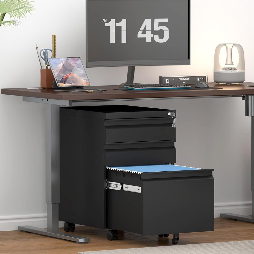 3 Drawer File Cabinet on Wheels,25.6" H Black Filing Cabinet with Lock,Under Desk Metal File Cabinet for Home Office Organizer Letters/Legal/A4(Fully Assembled)