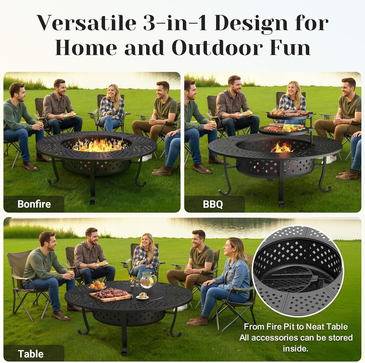 Outdoor Fire Pit, 48" Fire Pit for Outside Wood Burning with Adjustable 2 Grills, Firepit with Lid and Fire Poker, BBQ, Bonfire, Round Outdoor Fireplace 3 in 1 for Patio, Backyard, Garden, Camping
