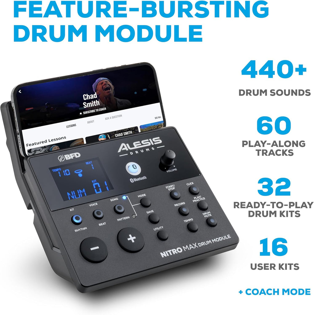 Alesis Nitro Max Kit Compact Electric Drum Kit with Quiet Mesh Pads, 10" Dual-Zone Snare, Bluetooth, 440+ BFD Sounds, Drumeo, USB MIDI, Kick Pedal