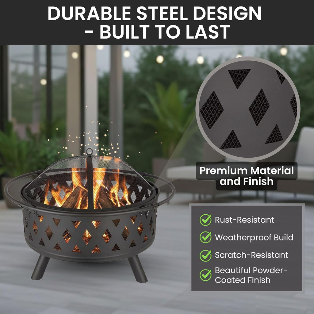 Fire Pit - 32-Inch Outdoor Wood Burning Firepit with Screen, Poker, and Cover - Outdoor Fire Pits for Backyard, Deck, or Patio by Pure Garden (Black)