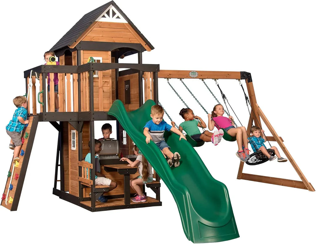 Backyard Discovery Canyon Creek Cedar Wood Swing Set with Wave Slide, Clubhouse, Play Kitchen, Picnic Area, Belt Swings, Web Swing, Rock Wall, Balconies, Playhouse, Step Ladder, Outdoor Playset