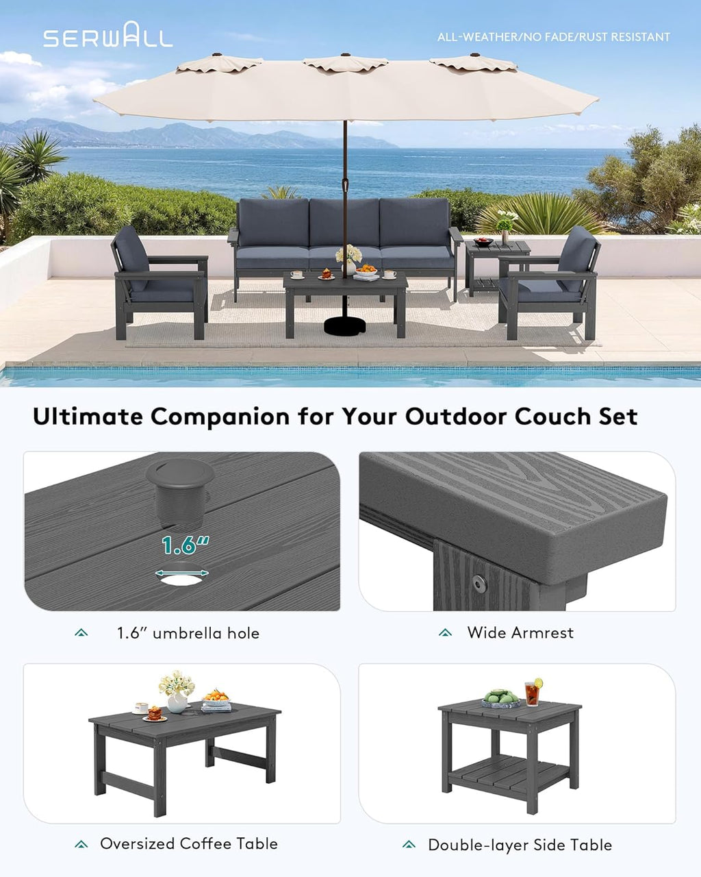 SERWALL HDPE Patio Furniture Set, 7-piece Outdoor Sectional Sofa Set, All Weather Outdoor Couch Set for Deck, Lawn, Grey Frame with Grey Cushion