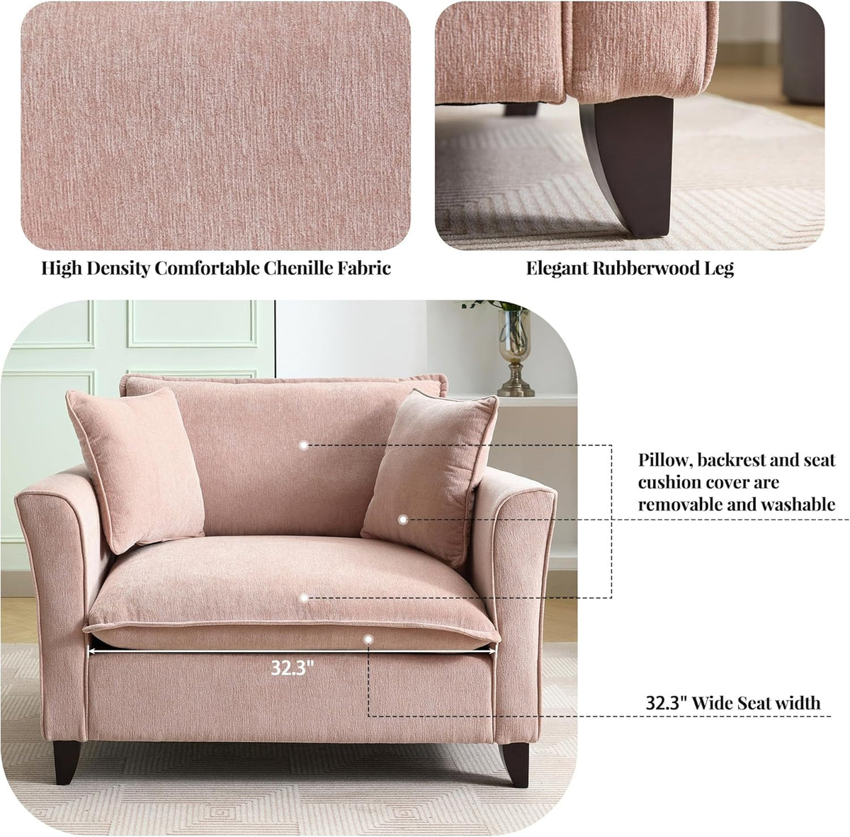 Merax 46.3" Chenille Accent Chair, Oversized Reading Armchair w/2 Pillows, Modern Corner Single Cloud Sofa Arm Chairs, Comfortable Living Room Deep Cushion Seating for Office & Apartment, Pale Pink