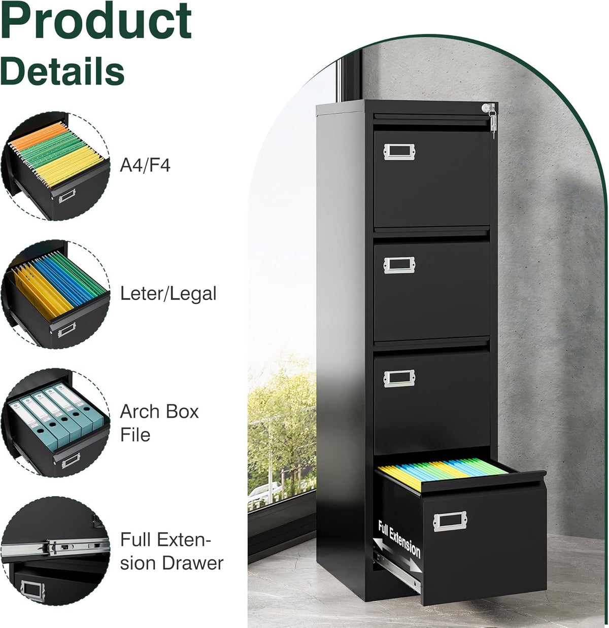 4 Drawer File Cabinet with Lock, Metal Filing Cabinets, Vertical Small Filing Cabinet Steel Lockable Storage Cabinets for Home Office to Organization Hanging Letter/Legal/F4/A4