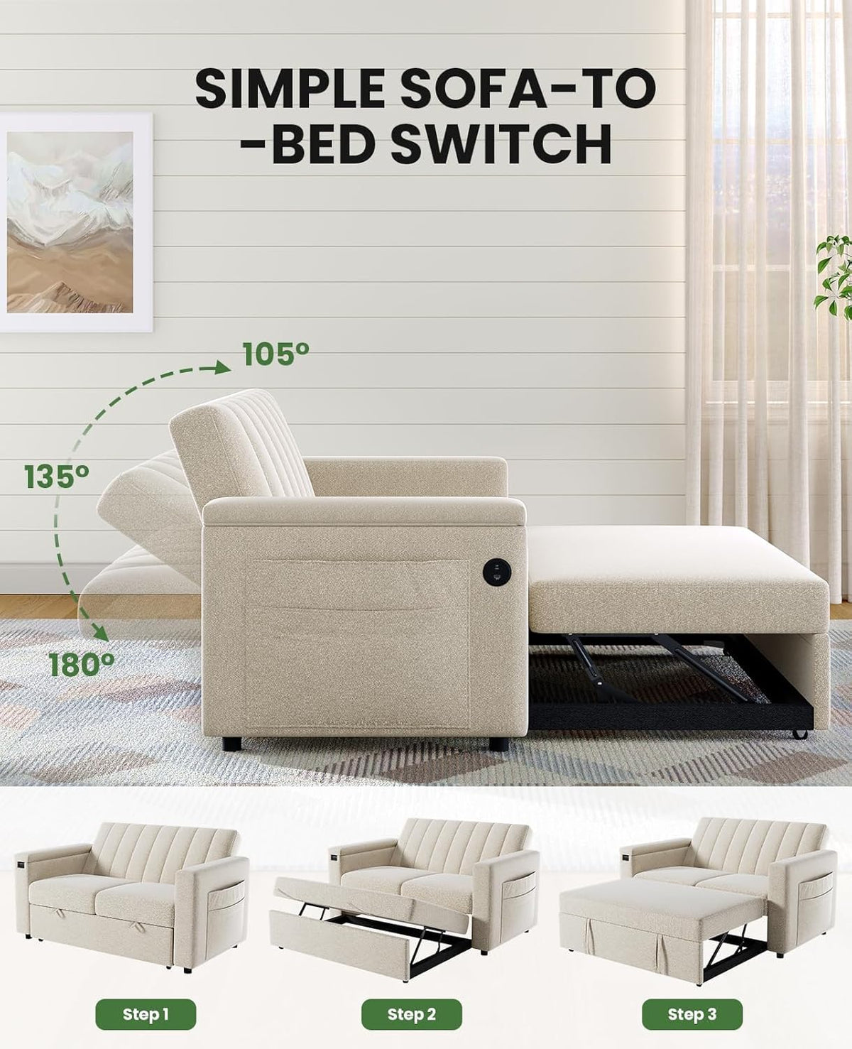 Sofa Bed 3-in-1 Convertible Sleeper Sofa