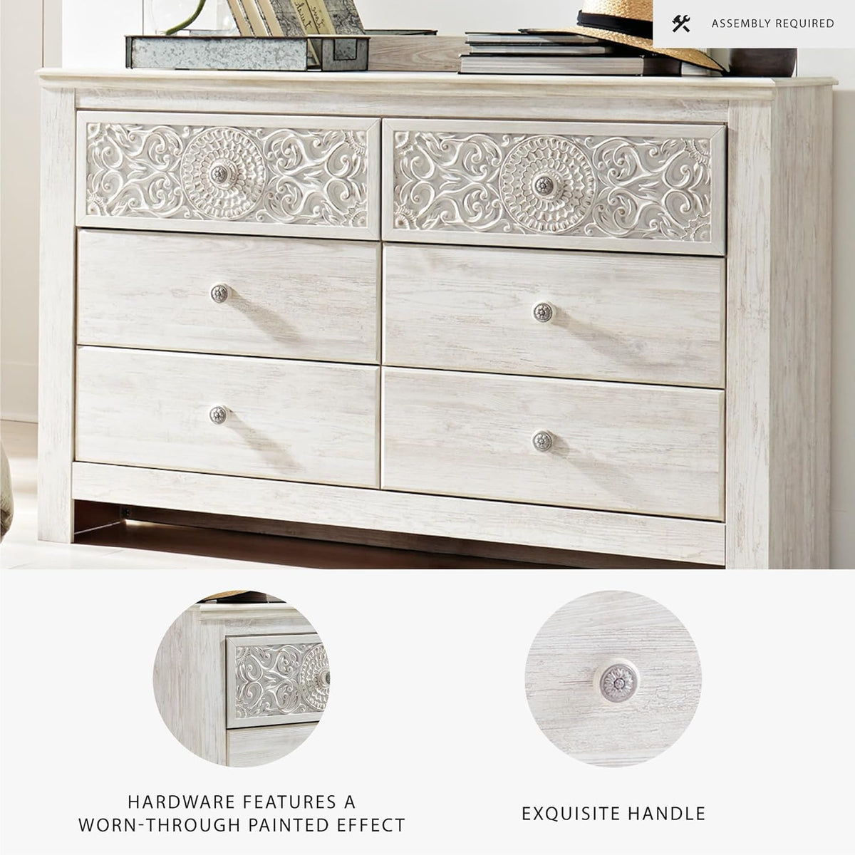 Signature Design by Ashley Paxberry Boho 6 Drawer Dresser, Smooth-gliding Faux Laminate Lined Drawers, Wood, 61.26" W x 15.83" D x 40" H, Whitewash