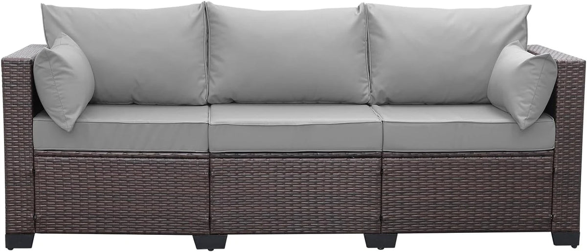 WAROOM Patio Couch PE Wicker 3-Seat Outdoor Brown Rattan Sofa Deep Seating Furniture with Non-Slip Beige Cushion