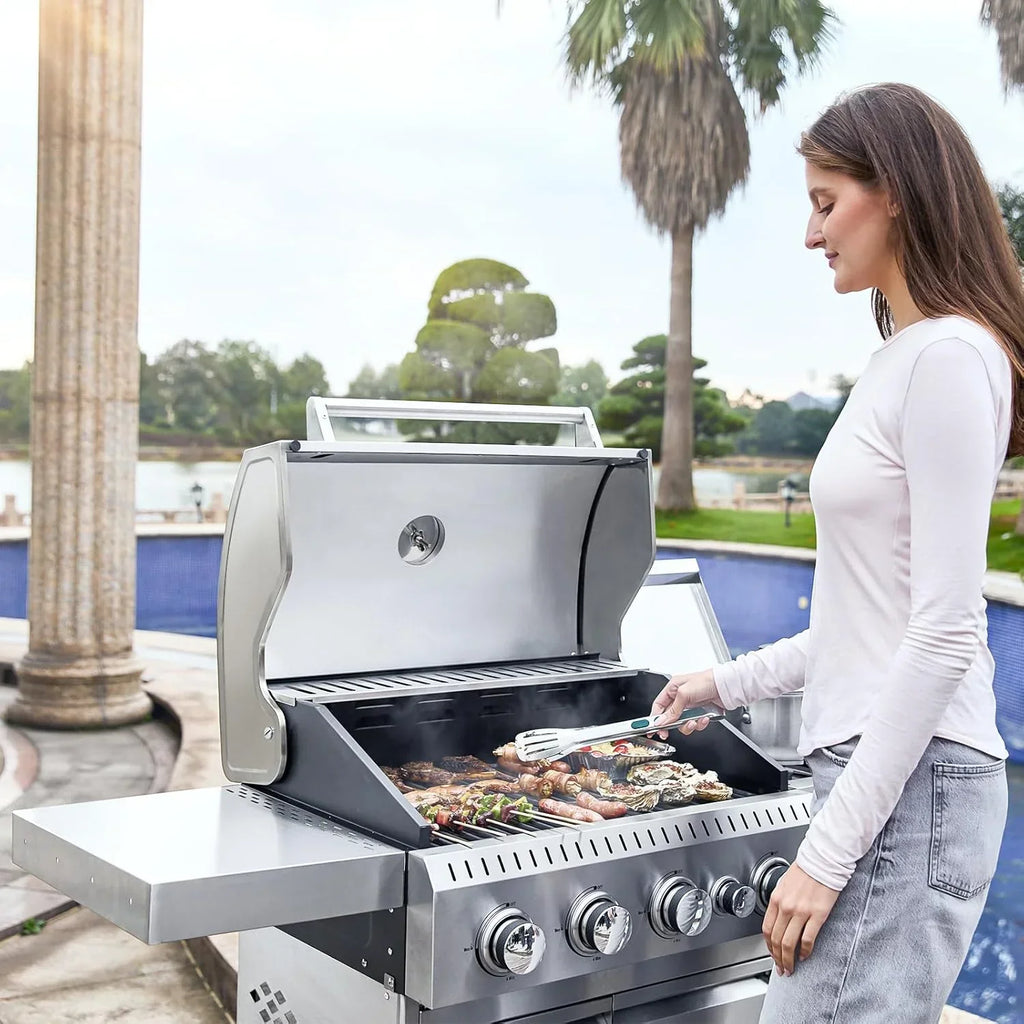 Upgraded 4 Burner BBQ Propane Gas Grill with Cast Iron Grates & Side Stove, 44,000 BTU Stainless Steel Burner Barbecue Grill for Patio, Camping, Outdoor Cooking.