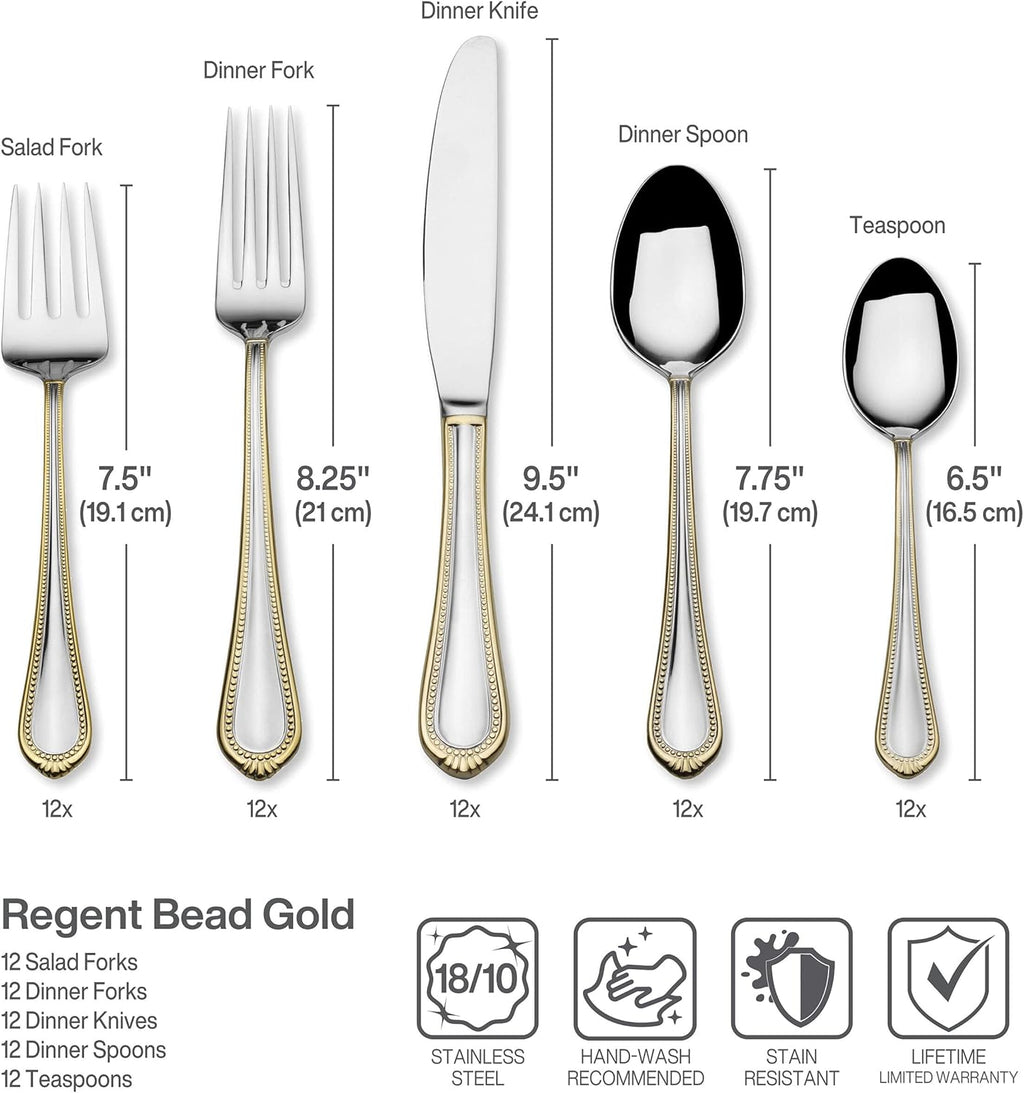 Mikasa, Gold Accent Regent Bead Flatware Service for 12, 65 Piece Set, 18/10 Stainless Steel, Silverware Set with Serving Utensils