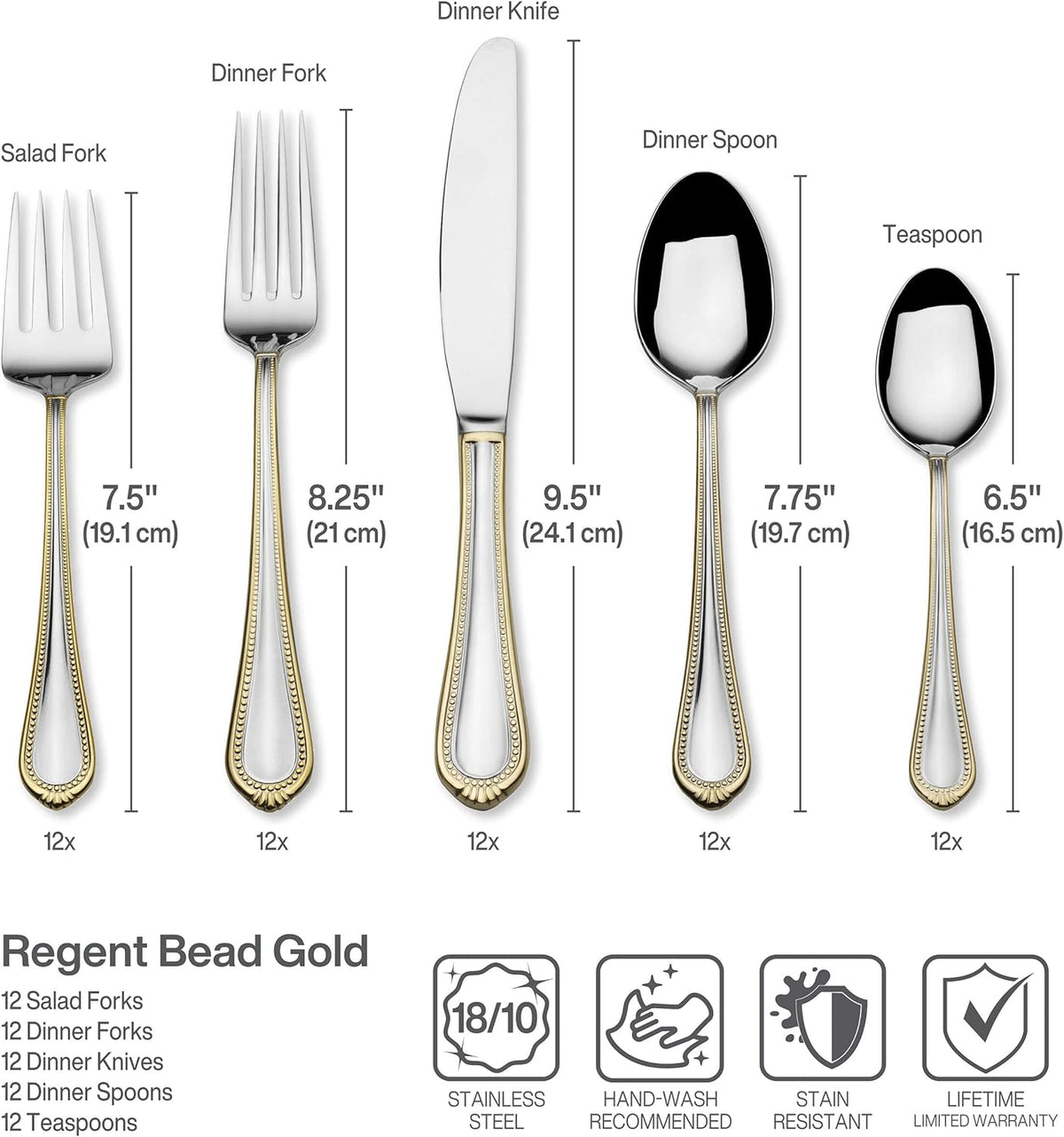 Mikasa, Gold Accent Regent Bead Flatware Service for 12, 65 Piece Set, 18/10 Stainless Steel, Silverware Set with Serving Utensils