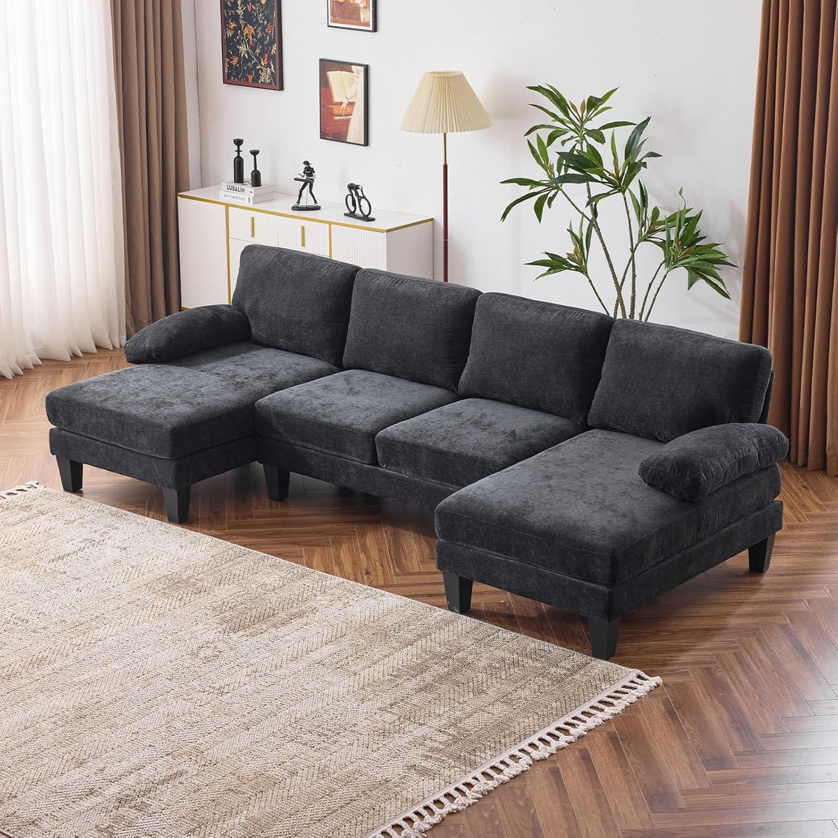 VINGLI 110" Sectional Couches for Living Room,U Shaped Couch with Double Chaise, 4-Seat Sofa Set with Chenille Fabric for Home Furniture,Beige