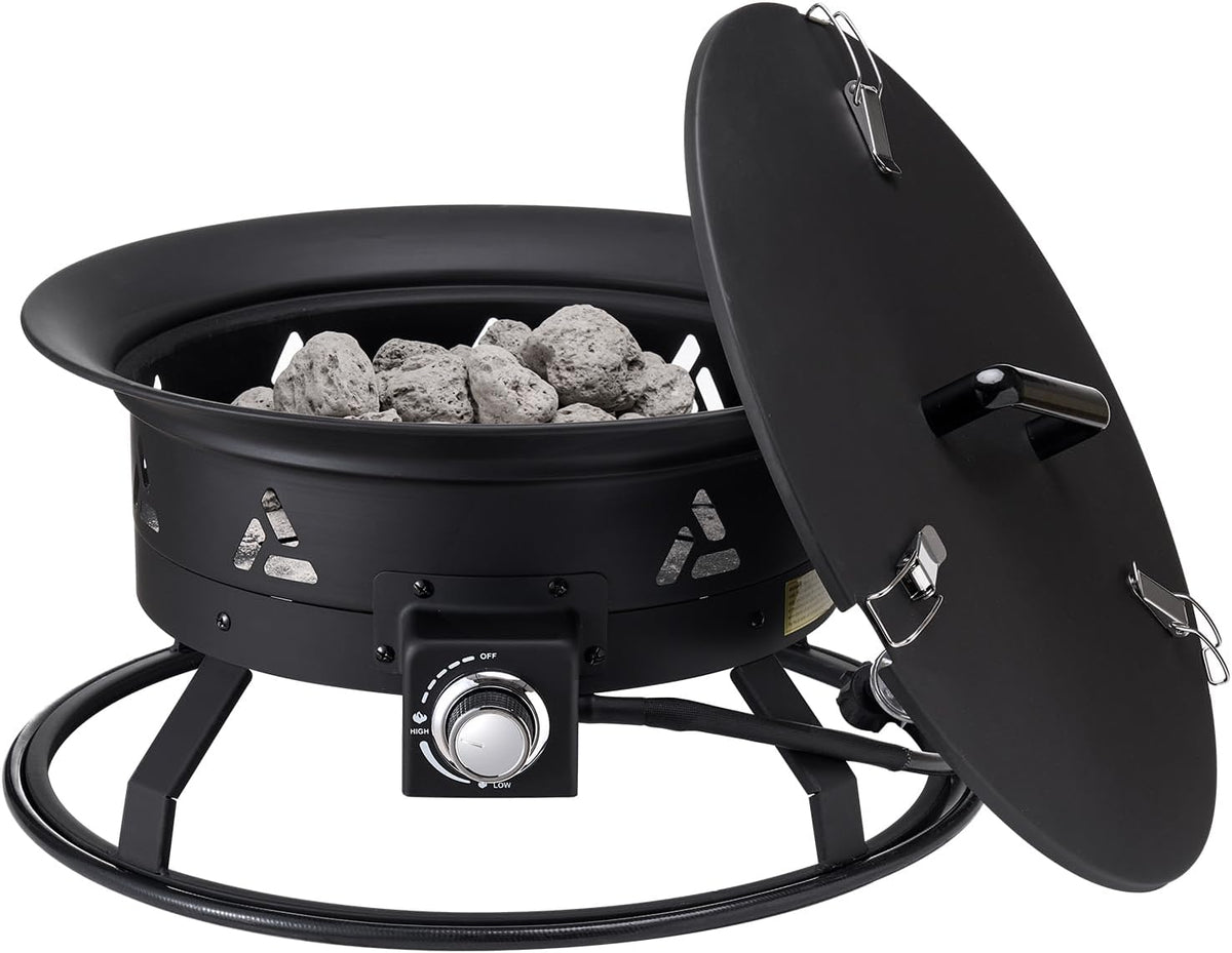 VEVOR Portable Propane Fire Pit, 24-Inch Diameter Outdoor Gas Fire Pit with Cover & Lava Rocks, Adjustable Flame Height Camping Firepit for Heating, Lighting, Gathering, 58,000 BTU, Black