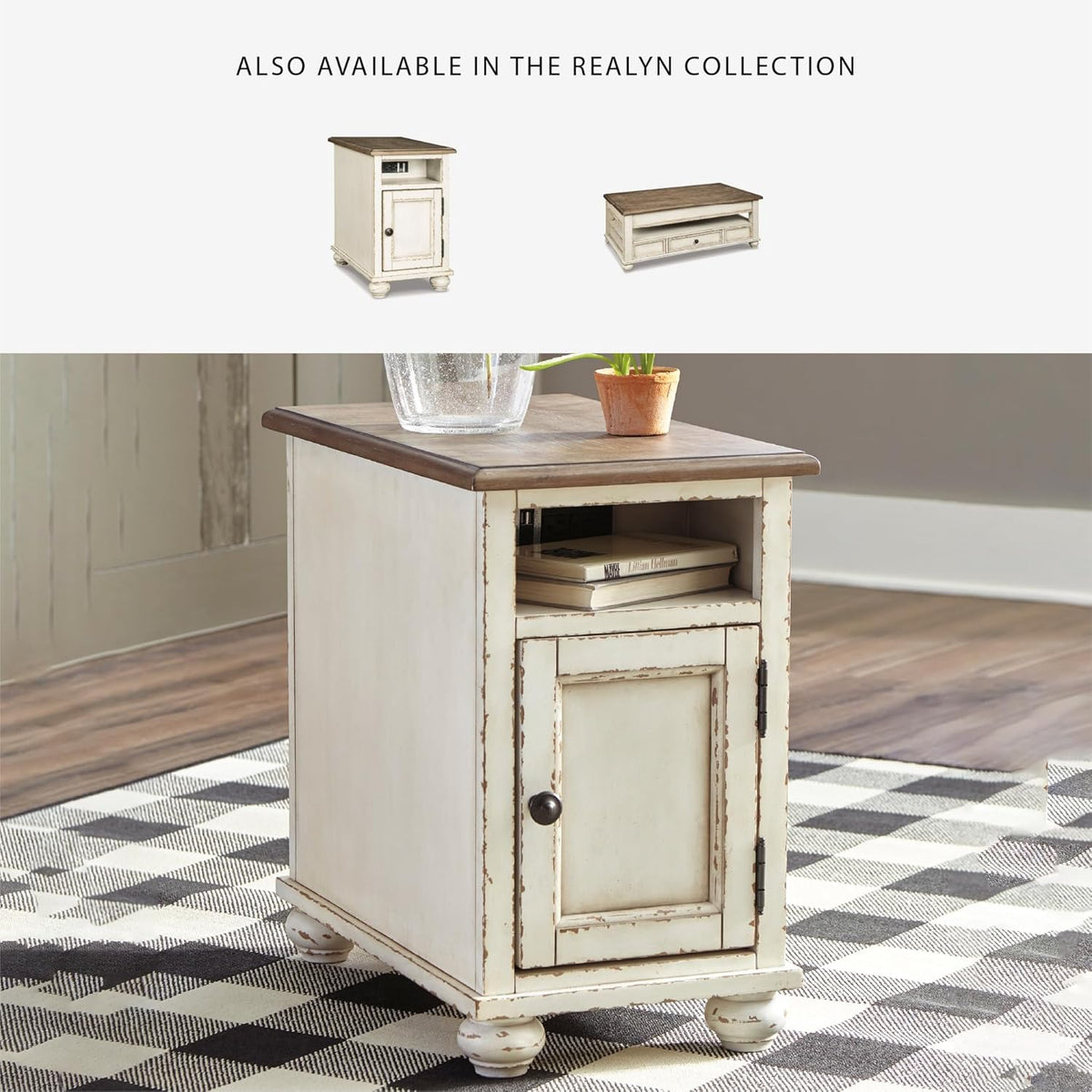 Signature Design by Ashley Realyn French Country Chair Side End Table, Cabinet Storage with Shelf, Outlets and USB Ports, Wood, 14" W x 24" D x 23.13" H, Cream