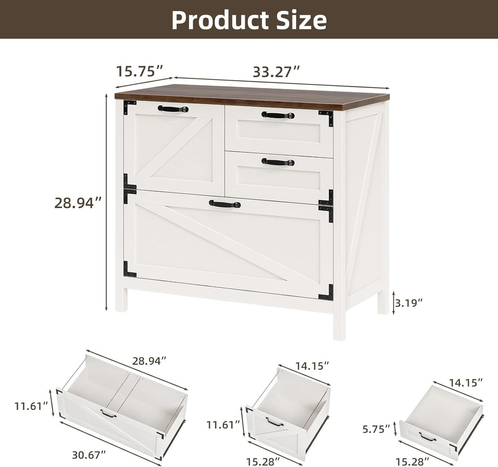 Wood Lateral File Cabinet with 4-Drawer for Hanging Files Letter/A4/Legal Size, Large Farmhouse Filing Cabinets for Home Office, Printer Stand with Office Cabinet, Office Furniture, White and Brown