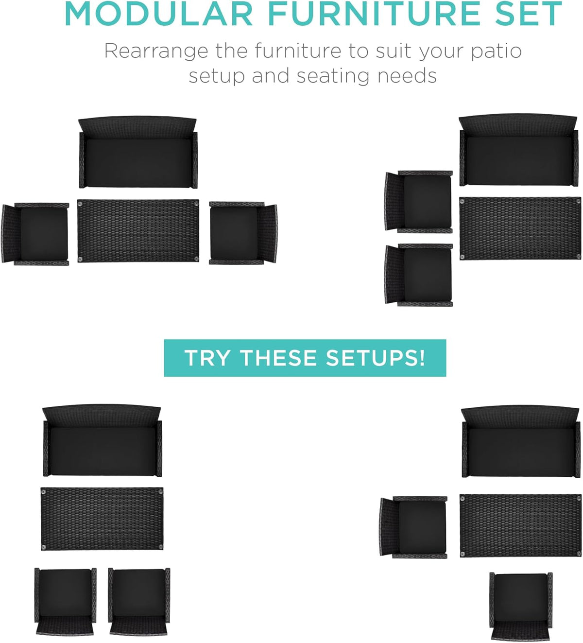 Best Choice Products 4-Piece Outdoor Wicker Patio Conversation Furniture Set for Backyard w/Coffee Table, Seat Cushions - Black/Black