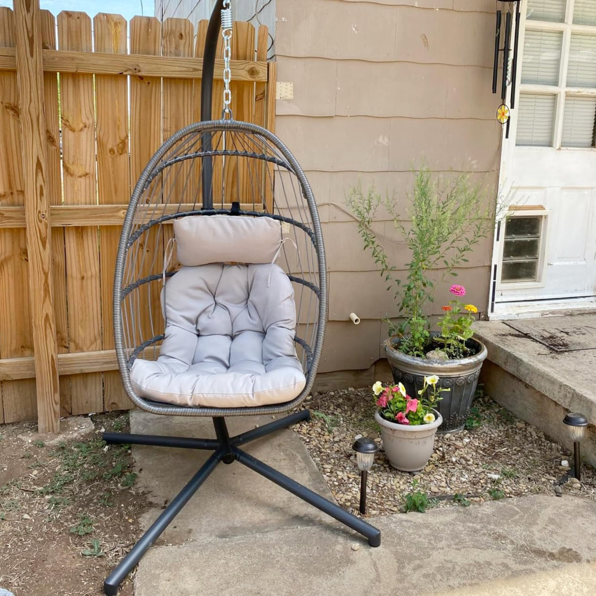 Yechen Indoor Outdoor Egg Hanging Chair with Stand, Patio Wicker Swing Egg Chair Indoor Swinging Chair Outdoor Hammock Egg Chair 350lbs Capacity for Patio Bedroom Balcony, Charcoal Grey (EG-001)