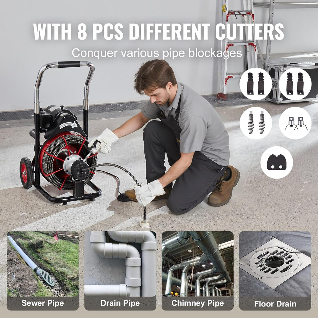 VEVOR Drain Cleaner Machine 100FT x 1/2 Inch, Auto Feed Sewer Snake Auger on Wheels, 550W Portable Drain Cleaning Machine with 8 Cutters & Air-activated Foot Switch for 2" to 4" Pipes