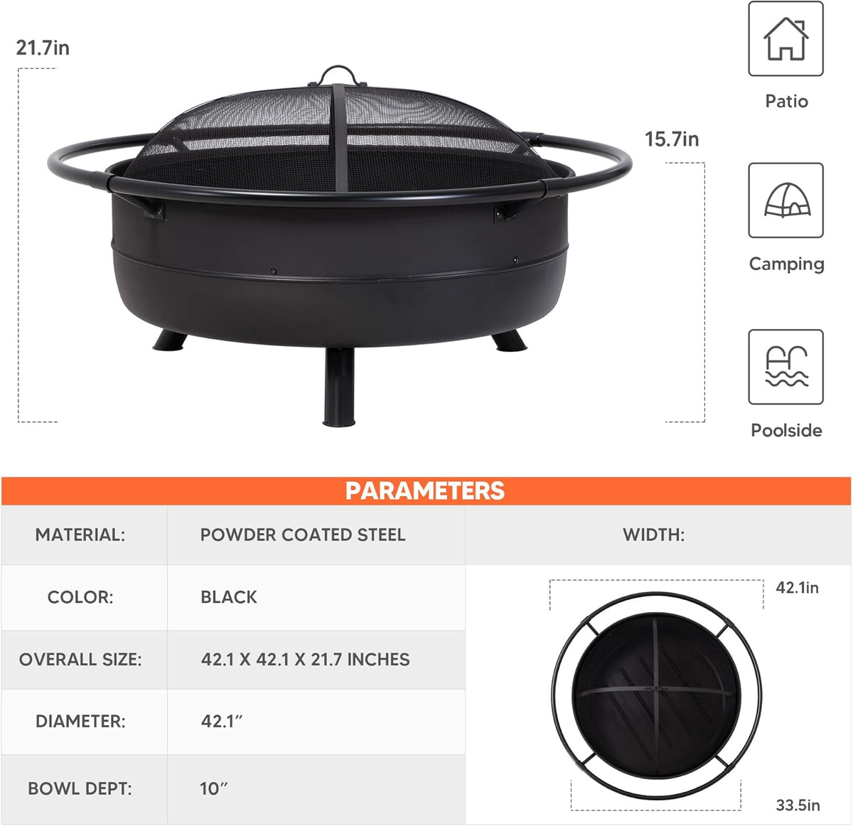 SUNCREAT 42" Outdoor Portable Fire Pit with Spark Screen, Fire Poker, Wood Burning Patio Fire Pits with Protective Ring, Black