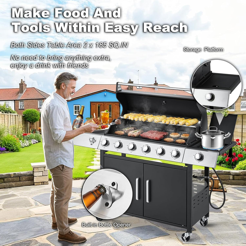 Upgraded 4 Burner BBQ Propane Gas Grill with Cast Iron Grates & Side Stove, 44,000 BTU Stainless Steel Burner Barbecue Grill for Patio, Camping, Outdoor Cooking MELLCOM