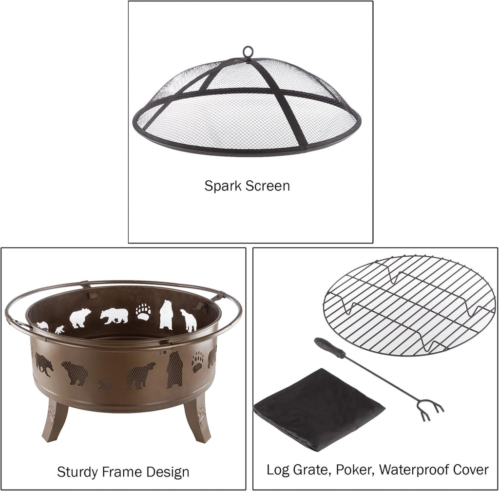 Pure Garden 50-LG1202 32” Outdoor Deep Fire Pit-Round Large Steel Bowl with Bear Cutouts, Mesh Spark Screen, Log Poker & Storage Cover-Patio Wood Burning, Antique Gold