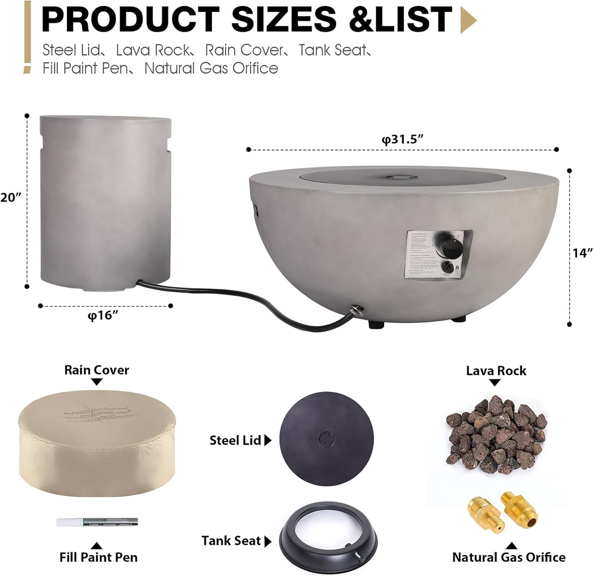 2-Piece Outdoor Propane Fire Pit Table Set w/Tank Cover Table, 31.5-inch 50,000 BTU Bowl Concrete Firepit SUS201 Round Burner with Steel Lid, Lava Rocks, Rain Cover…