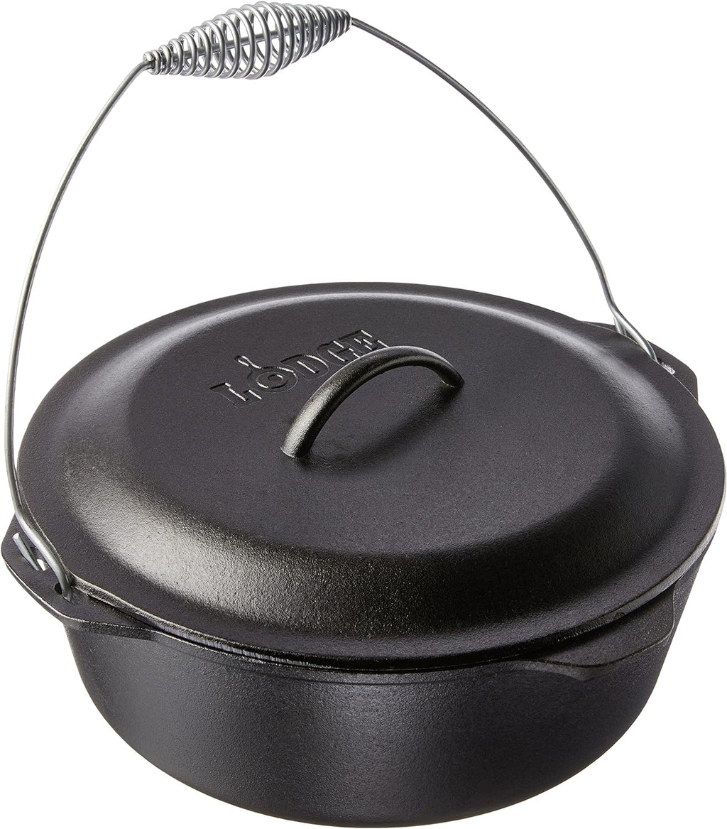 Lodge 9 Quart Pre-Seasoned Cast Iron Dutch Oven with Lid - Wire Bail Handle for Easy Transfer from Cooking Surface to Table - Use in the Oven, on the Stove, on the Grill or over the Campfire - Black