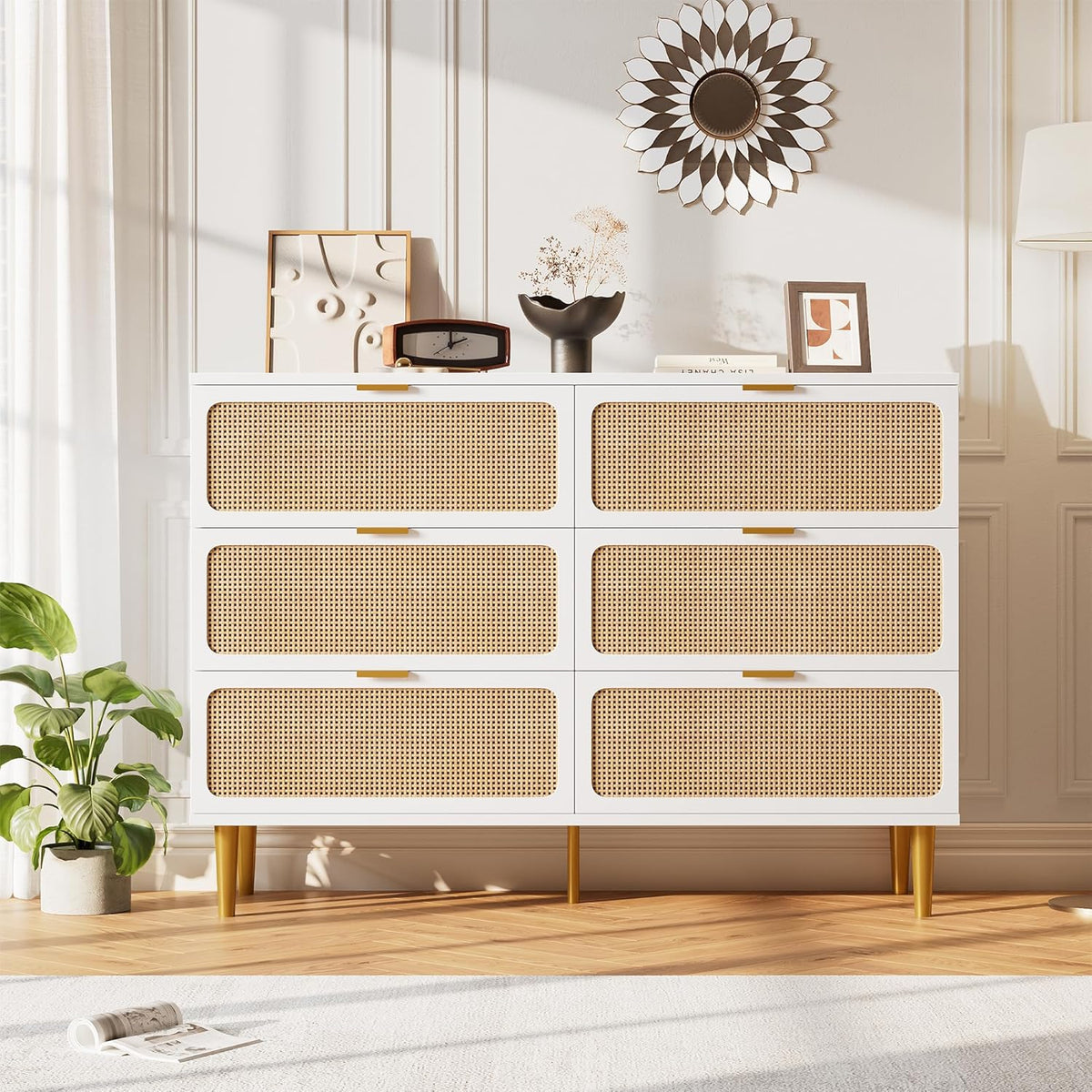 GarveeHome Rattan 6 Drawer Dressers for Bedroom, Large Double Dresser with Deep Drawers, Chest of Drawers for Closet with Wide Top, Long Wooden Dresser for Living Room, Hallway, Kids Room, White